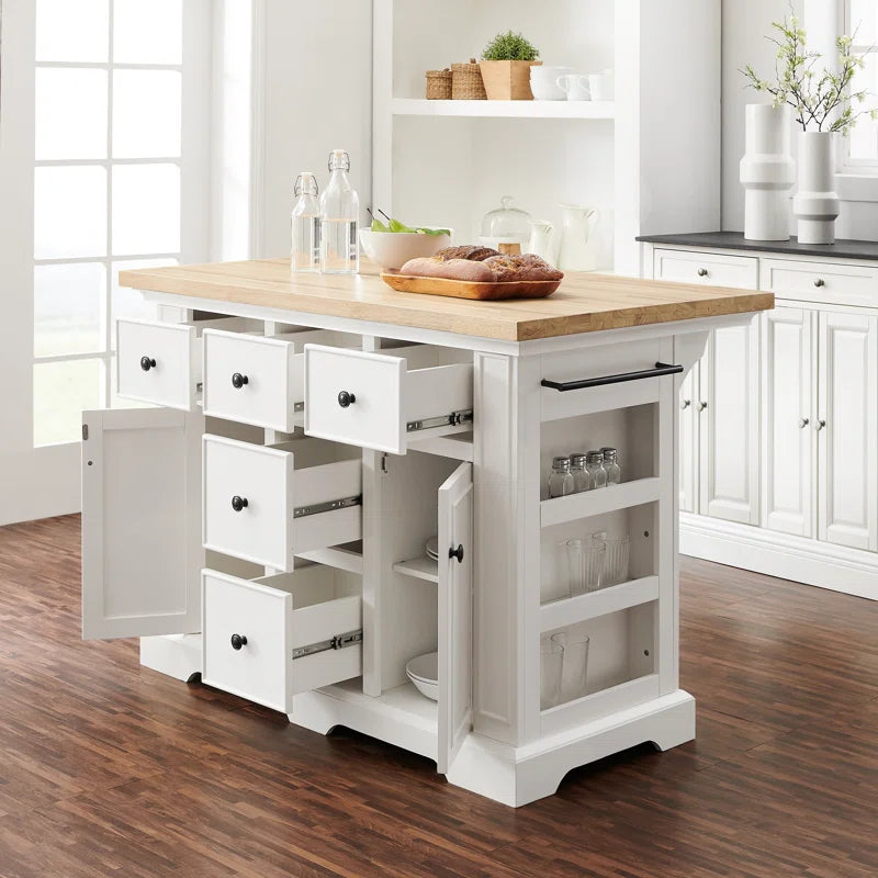 Kitchen Island Table: Traditional Kitchen Island with Natural Wood Countertop & 5 Drawers