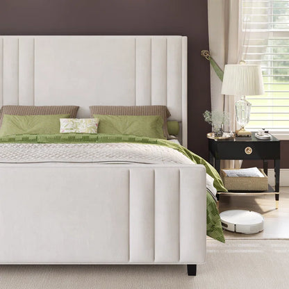Divan Bed: Damion Velvet Upholstered Platform Bed with Vertical Channel Tufted Headboard