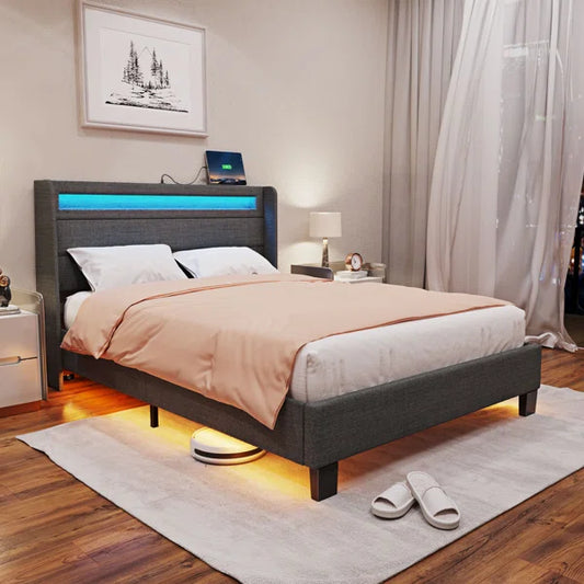 Divan Bed: Dimtry Upholstered Bed with LED Lights and USB Power Strips