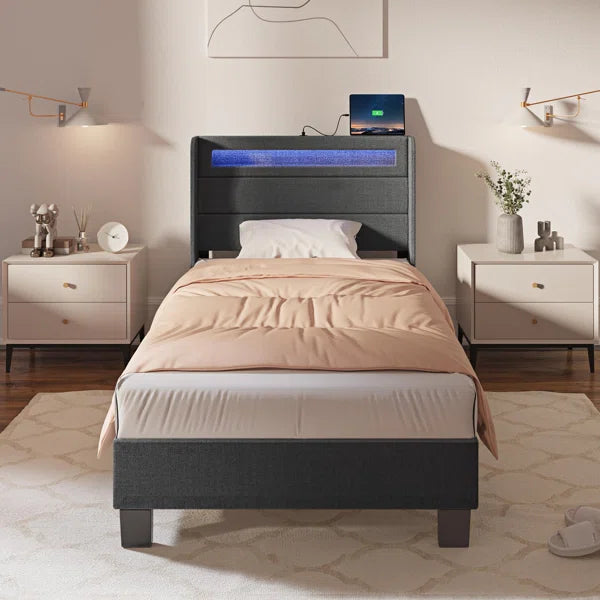 Divan Bed: Dimtry Upholstered Bed with LED Lights and USB Power Strips