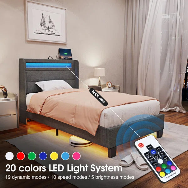 Divan Bed: Dimtry Upholstered Bed with LED Lights and USB Power Strips