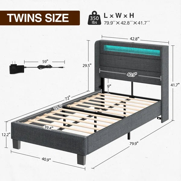 Divan Bed: Dimtry Upholstered Bed with LED Lights and USB Power Strips