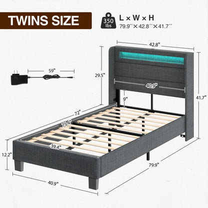 Divan Bed: Dimtry Upholstered Bed with LED Lights and USB Power Strips