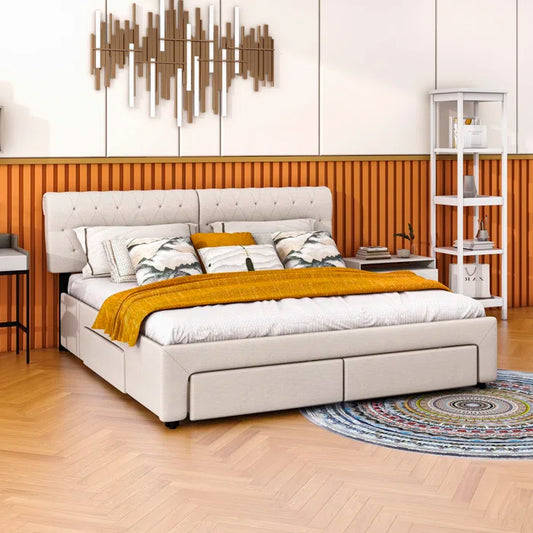 Divan Bed: Linen Upholstered Platform Bed with 4 Drawers