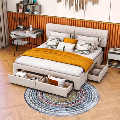 Divan Bed: Linen Upholstered Platform Bed with 4 Drawers