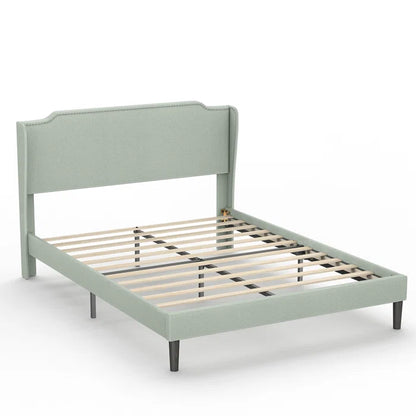 Divan Bed: Zanari Traditional Upholstered Low Profile Platform w/Wing Back/No Bed Skirt Needed/Soft Linen