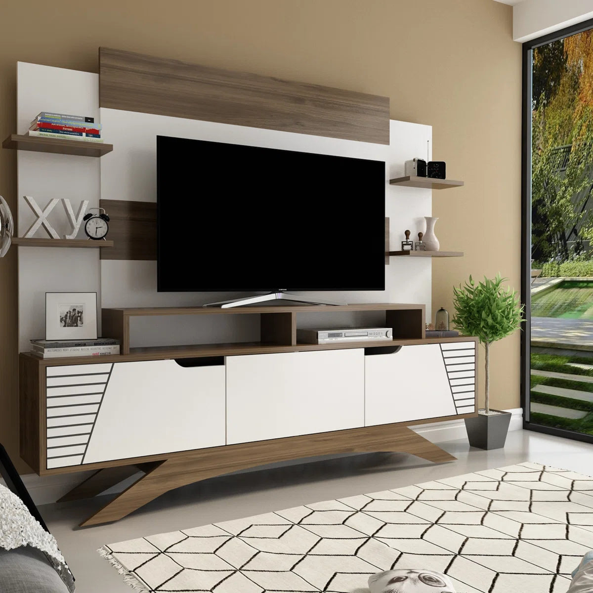 tv panel: Modern tv panel holds 48" screens, features open shelving