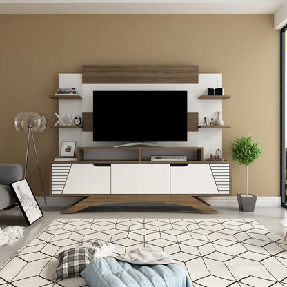 tv panel: Modern tv panel holds 48" screens, features open shelving