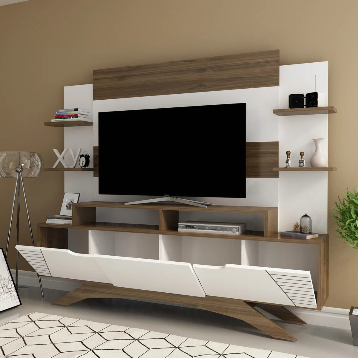 tv panel: Modern tv panel holds 48" screens, features open shelving