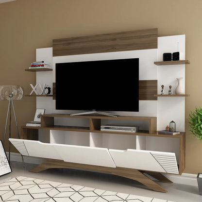 tv panel: Modern tv panel holds 48" screens, features open shelving