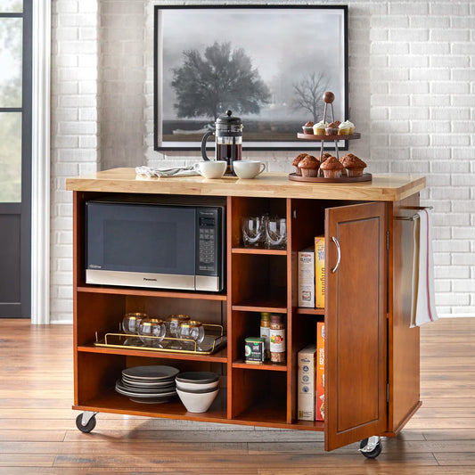 Kitchen Island Table with Solid Wood Top, Open Shelves &amp; Cabinet – 48-Inch with Locking Wheels