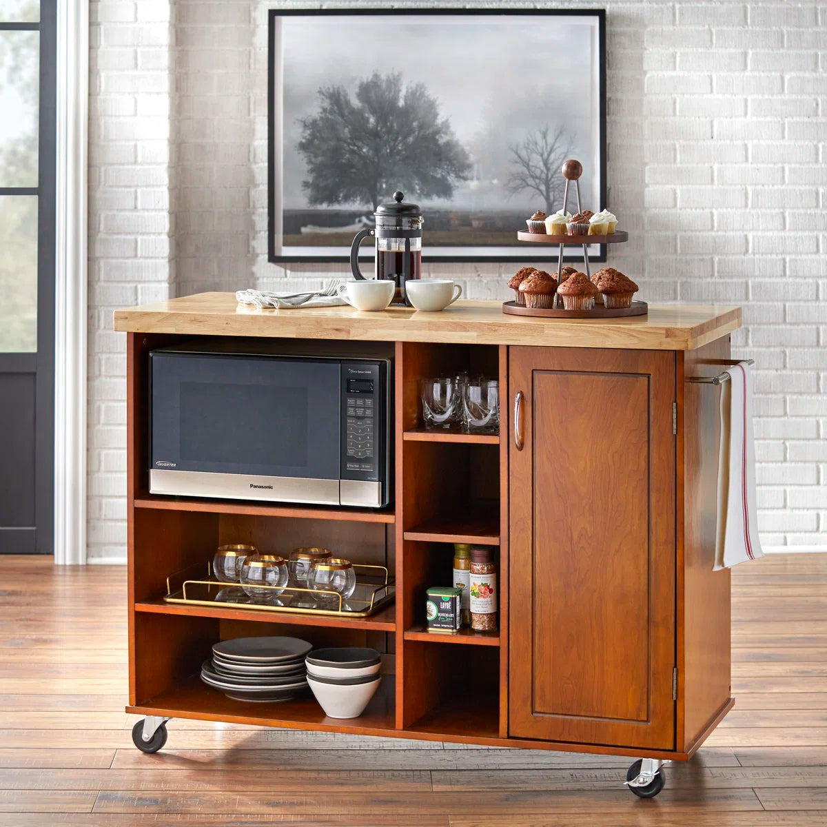 Kitchen Island Table with Solid Wood Top, Open Shelves &amp; Cabinet – 48-Inch with Locking Wheels