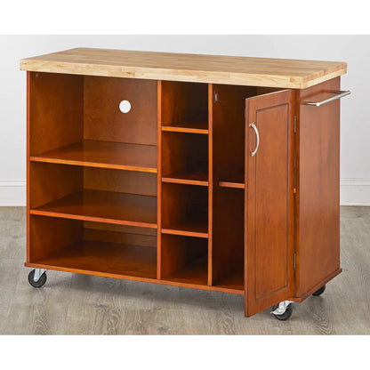 Kitchen Island Table with Solid Wood Top, Open Shelves &amp; Cabinet – 48-Inch with Locking Wheels