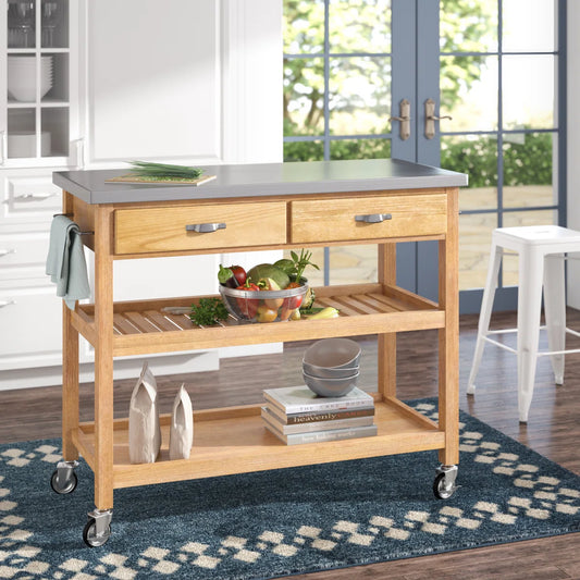 Kitchen Island Table: 44'' Wide Pinewood & Stainless Steel Kitchen Island with Drawers, Shelves & Towel Rack