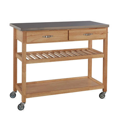 Kitchen Island Table: 44'' Wide Pinewood & Stainless Steel Kitchen Island with Drawers, Shelves & Towel Rack
