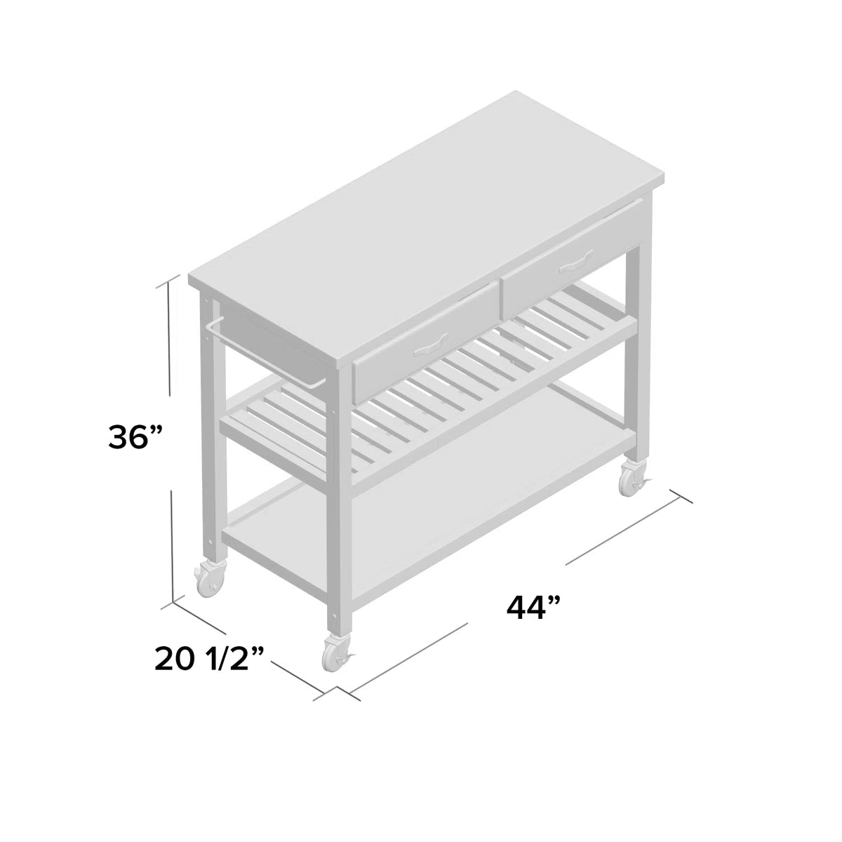 Kitchen Island Table: 44'' Wide Pinewood & Stainless Steel Kitchen Island with Drawers, Shelves & Towel Rack