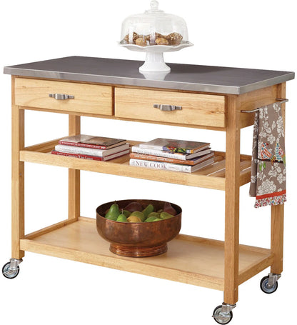 Kitchen Island Table: 44'' Wide Pinewood & Stainless Steel Kitchen Island with Drawers, Shelves & Towel Rack
