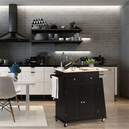 Kitchen Island Table: 36'' Wide Black Rolling Cart with Side Rack and Towel Holder