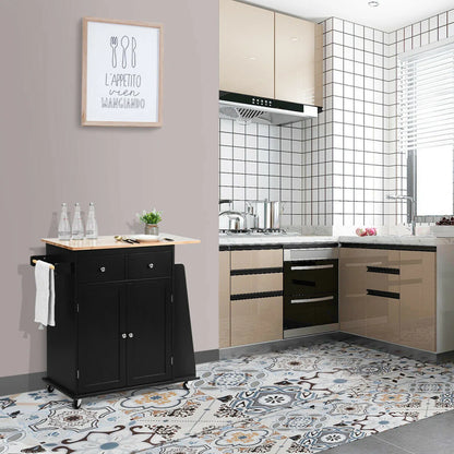 Kitchen Island Table: 36'' Wide Black Rolling Cart with Side Rack and Towel Holder