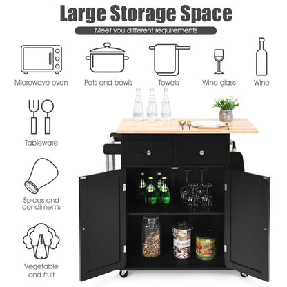 Kitchen Island Table: 36'' Wide Black Rolling Cart with Side Rack and Towel Holder