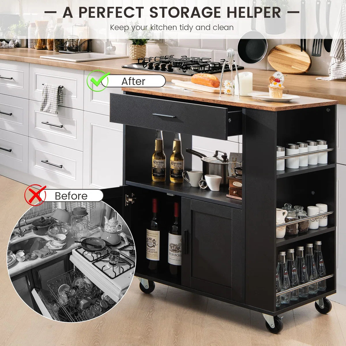 Kitchen Island Table Cart with Ample Storage, Spice Racks &amp; Smooth Mobility