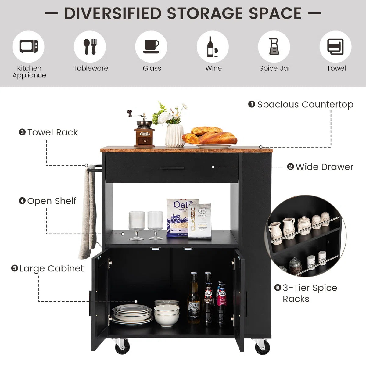 Kitchen Island Table Cart with Ample Storage, Spice Racks &amp; Smooth Mobility