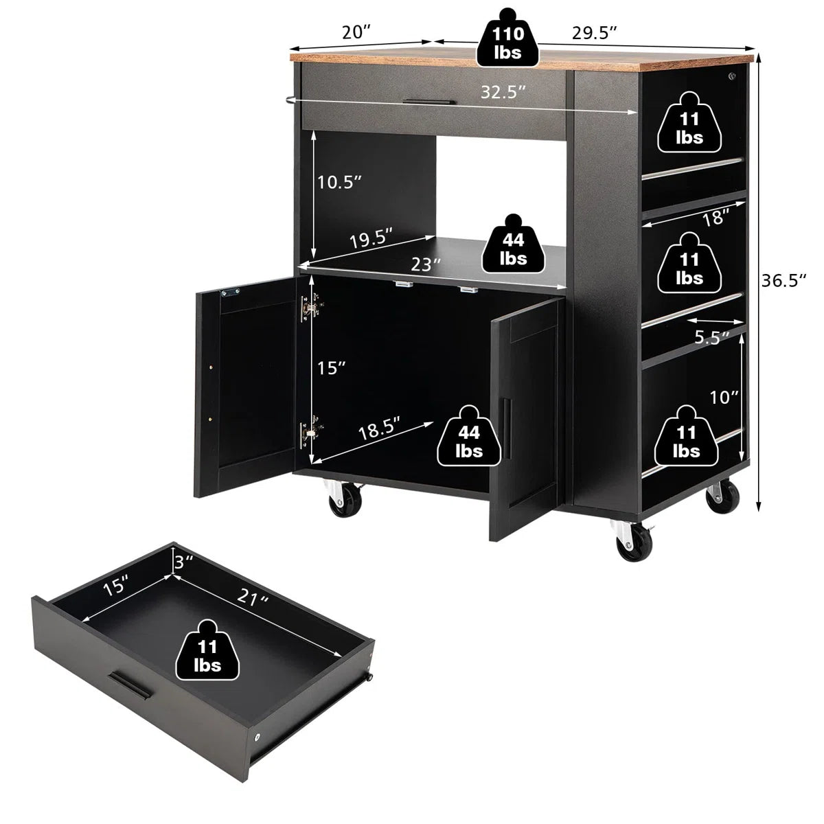 Kitchen Island Table Cart with Ample Storage, Spice Racks &amp; Smooth Mobility