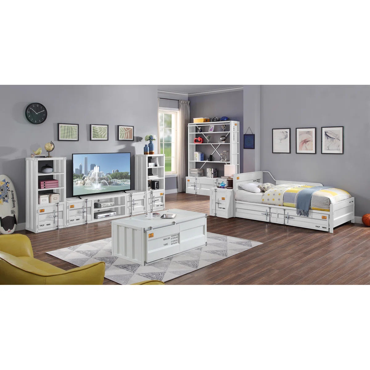 tv panel: Industrial Rectangular tv panel with 2 Doors and Open Storage