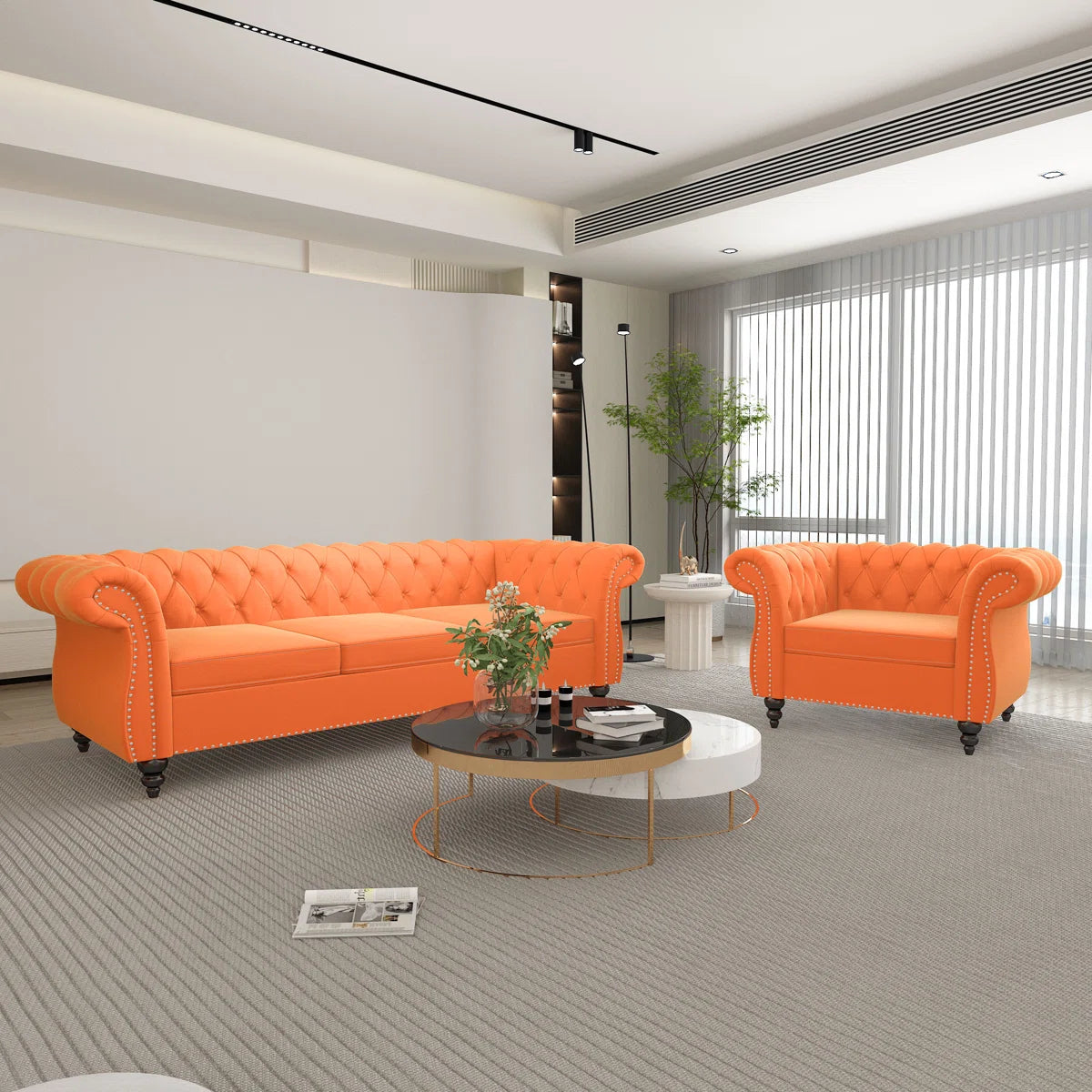 Luxury Sofa Sets: Orange Velvet Chesterfield Sofa & Armchair Set