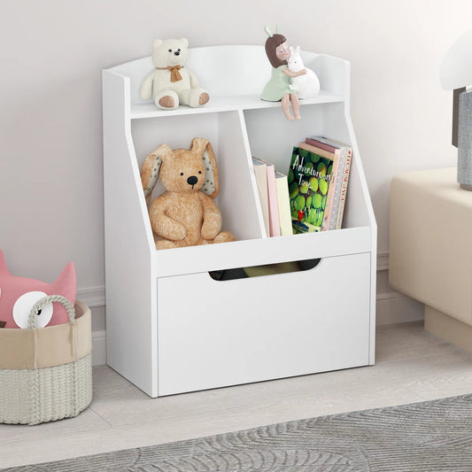 Kids Toy Storage Unit: Wooden Bookcase with Drawer and Wheels – White Finish