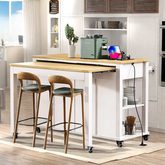 Kitchen Island Table: Expandable Rolling Cart with Charging Station, Adjustable Shelves & Ample Storage