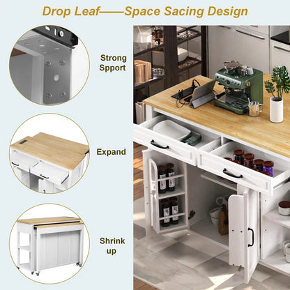 Kitchen Island Table: Expandable Rolling Cart with Charging Station, Adjustable Shelves & Ample Storage