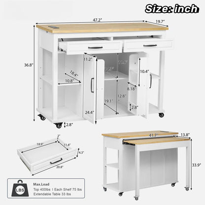 Kitchen Island Table: Expandable Rolling Cart with Charging Station, Adjustable Shelves & Ample Storage