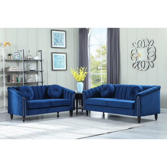 Luxury Sofa Sets: Velvet Fabric 2 Sofas + 2 Loveseats with Ottoman & Cushions – Blue Finish