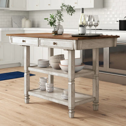 Kitchen Island Table: Solid Rubberwood Prep Table with Open Shelves