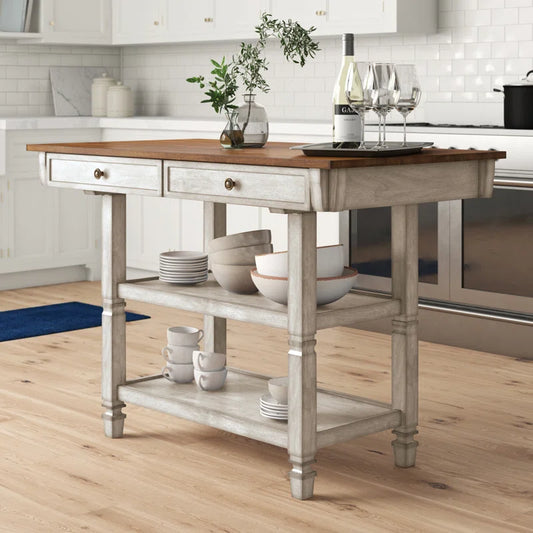 Kitchen Island Table: Solid Rubberwood Prep Table with Open Shelves