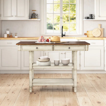 Kitchen Island Table: Solid Rubberwood Prep Table with Open Shelves