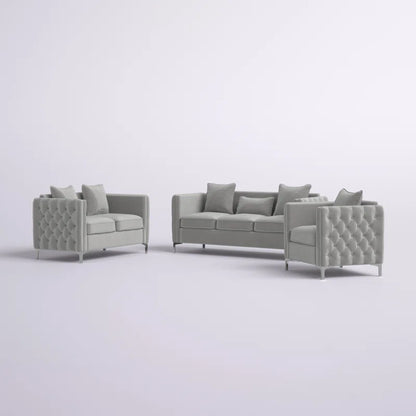 Luxury Sofa Sets: 3-Piece Velvet Mid-Century Living Room Set with Toss Pillows and Chrome Legs
