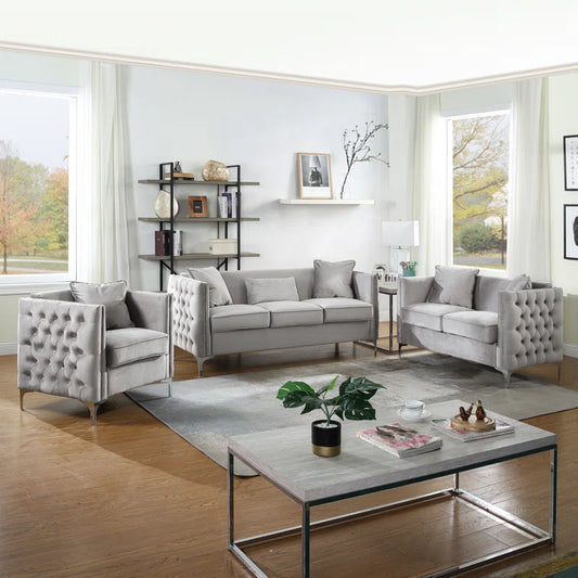Luxury Sofa Sets: 3-Piece Velvet Mid-Century Living Room Set with Toss Pillows and Chrome Legs