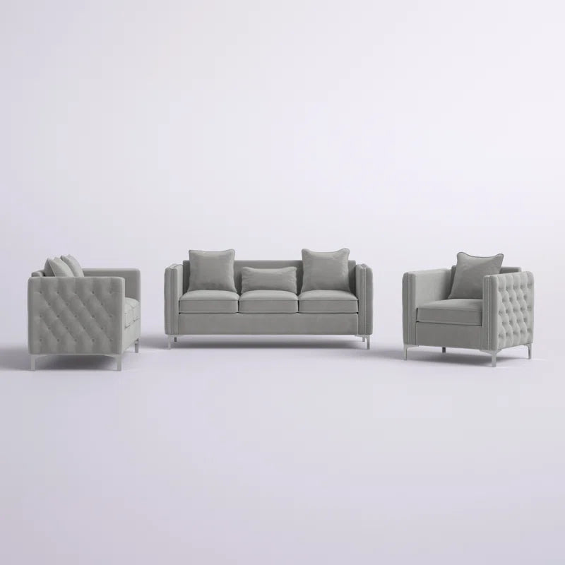 Luxury Sofa Sets: 3-Piece Velvet Mid-Century Living Room Set with Toss Pillows and Chrome Legs