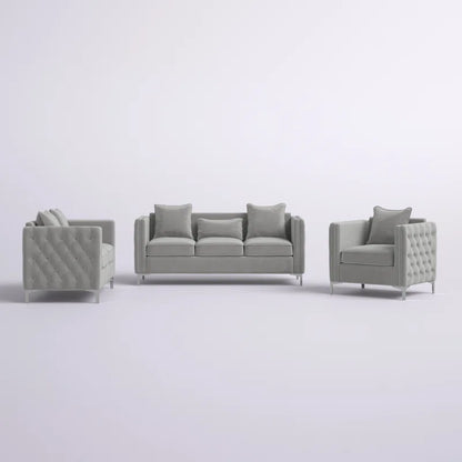 Luxury Sofa Sets: 3-Piece Velvet Mid-Century Living Room Set with Toss Pillows and Chrome Legs