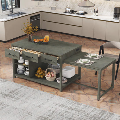 Kitchen Island Table with Expandable Countertop, Power Outlets &amp; Storage – Retro Style for Modern Homes