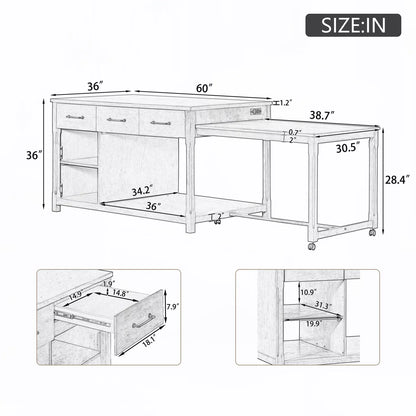 Kitchen Island Table with Expandable Countertop, Power Outlets &amp; Storage – Retro Style for Modern Homes