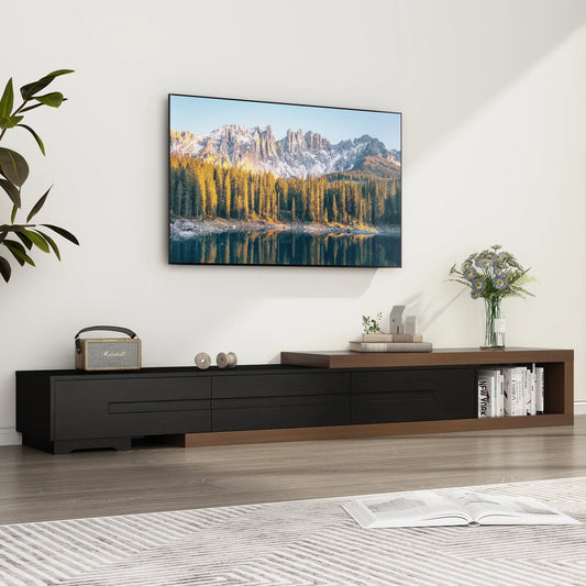 tv panel: Extendable wood TV panel with 3 large drawers, reversible design feature