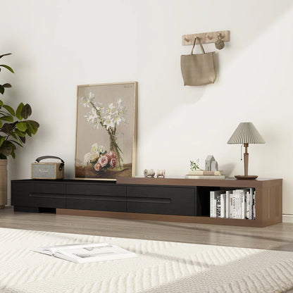 tv panel: Extendable wood TV panel with 3 large drawers, reversible design feature