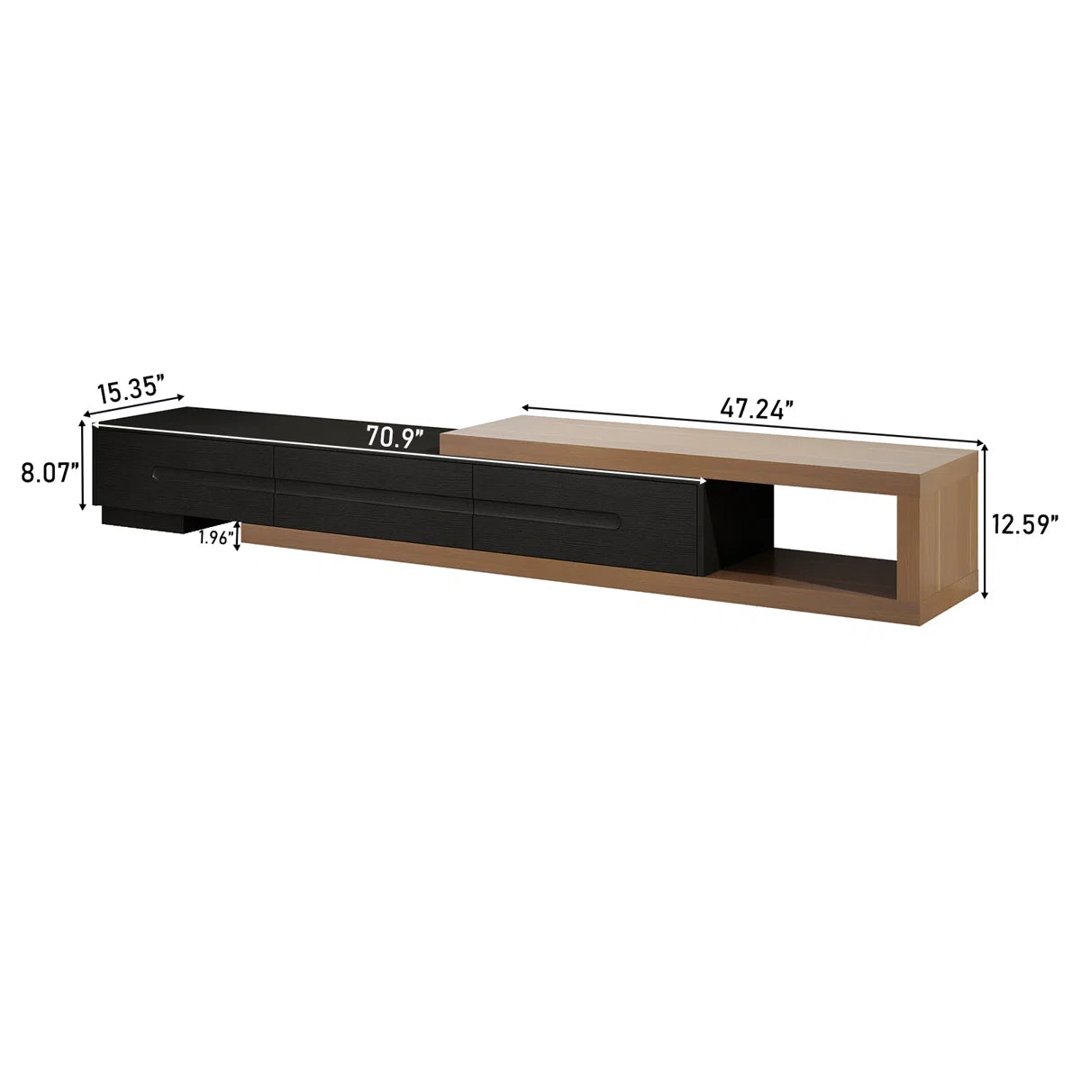 tv panel: Extendable wood TV panel with 3 large drawers, reversible design feature
