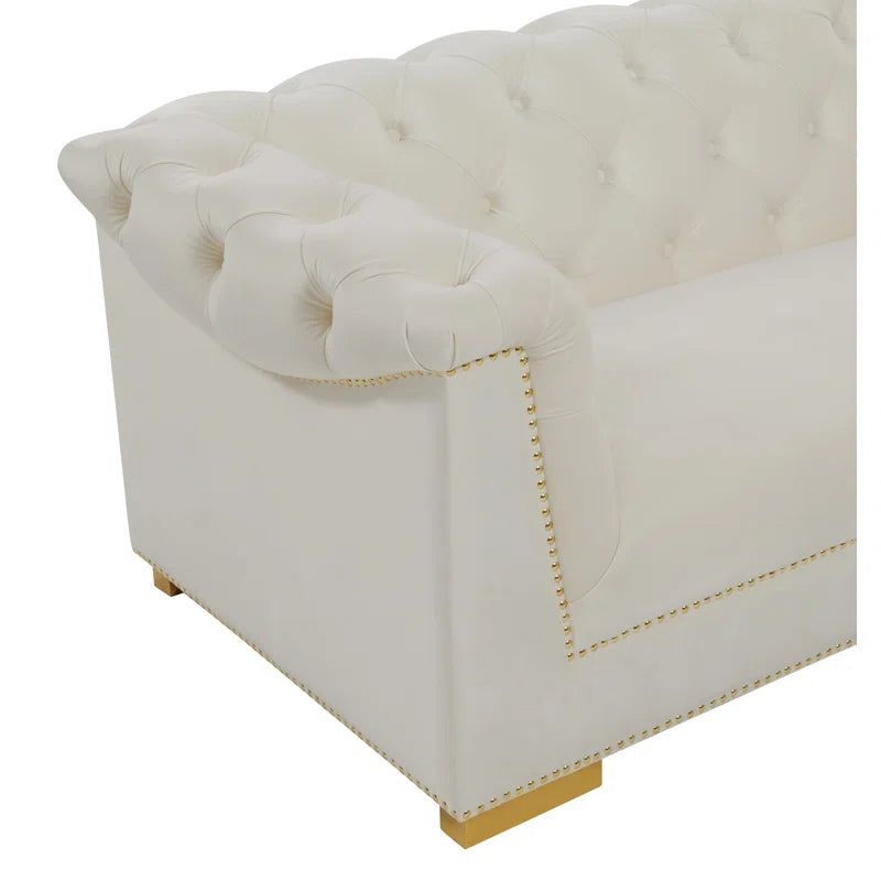 Luxury Sofa Sets: Cream Velvet Tufted Sofa + Loveseat Set with Gold Nailhead Trim