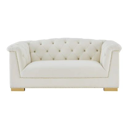 Luxury Sofa Sets: Cream Velvet Tufted Sofa + Loveseat Set with Gold Nailhead Trim