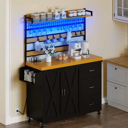 Kitchen Rack: Farmhouse Bakers Rack with LED Light and Power Outlet, Coffee Bar Cabinet on Wheels, and Microwave Stand