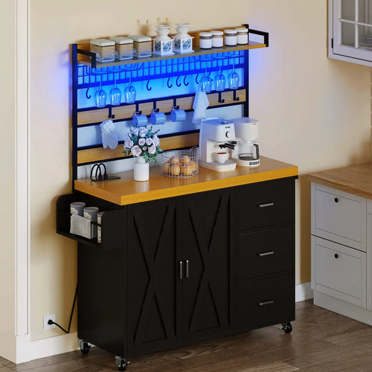 Kitchen Rack: Farmhouse Bakers Rack with LED Light and Power Outlet, Coffee Bar Cabinet on Wheels, and Microwave Stand